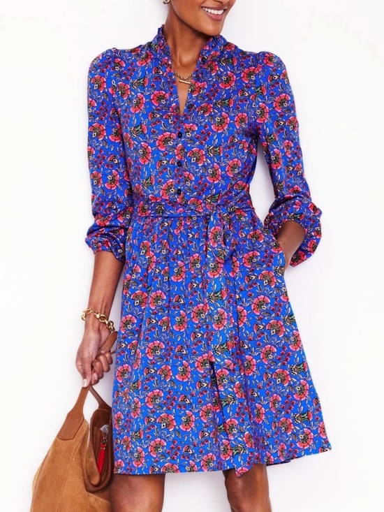 Boden Dresses & Skirts - Boden Willow Frill Shirt Dress in a vibrant blue floral pattern.